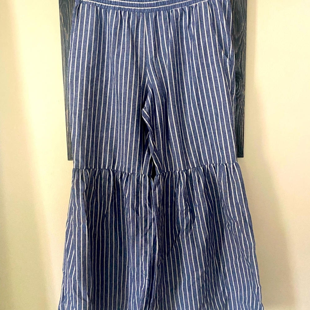 Mamma Mia-esque blue and white striped flare pants